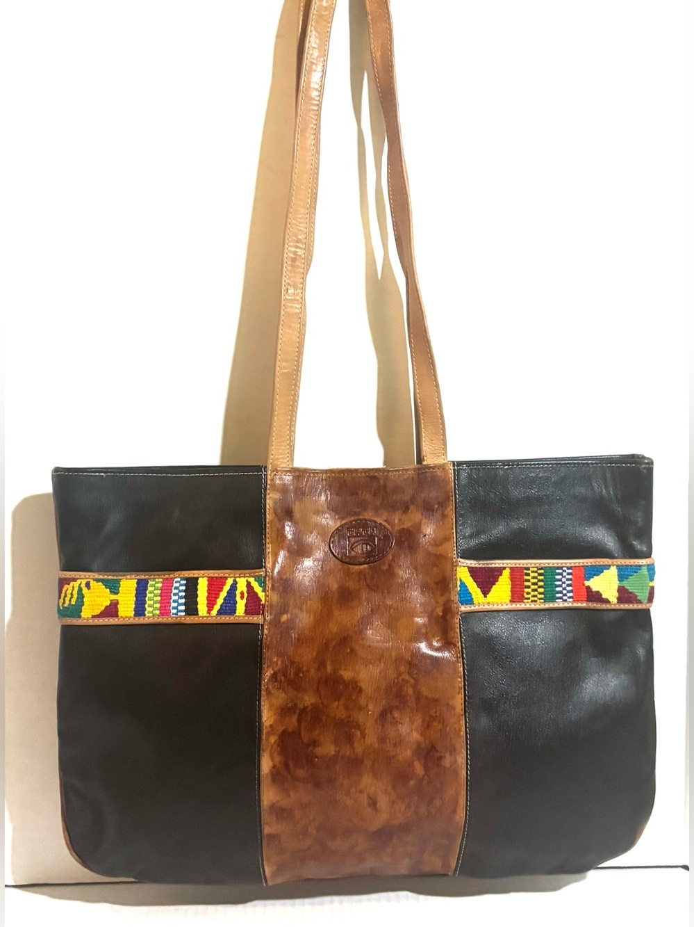 Black and Brown handmade Leather Tote with Colorful Beaded Trim